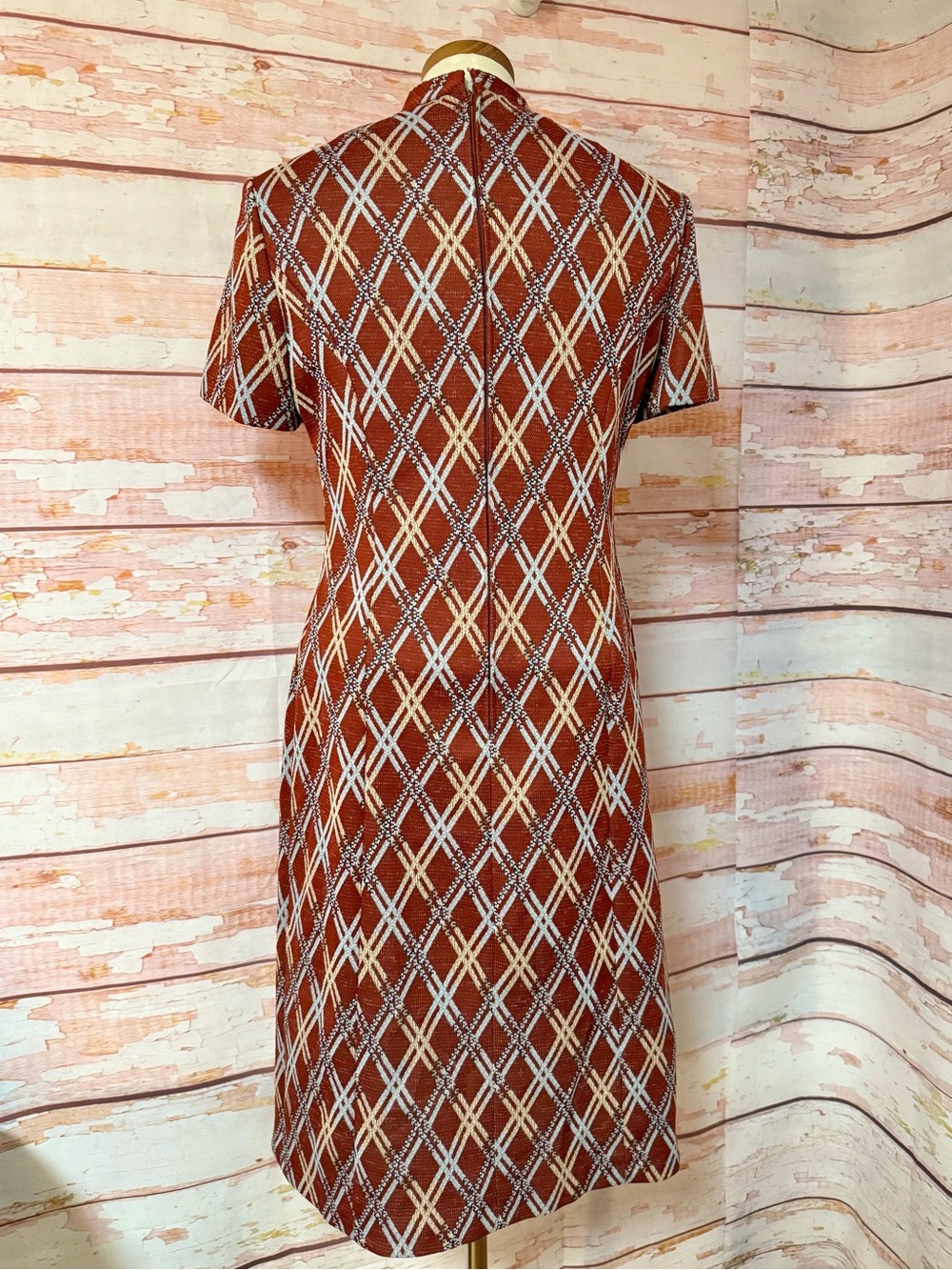 VINTAGE 60s Rust Diamond-Pattern Jacket & Dress Set - Picture 8 of 12